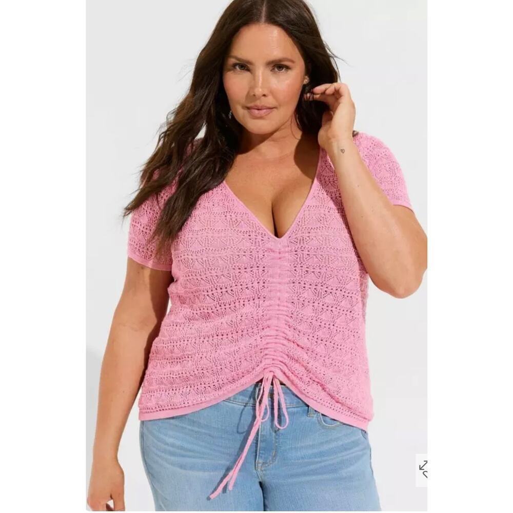Talbots Pointelle Pullover Short Sleeve V Neck Front Tie Sweater Pink 3x Spring